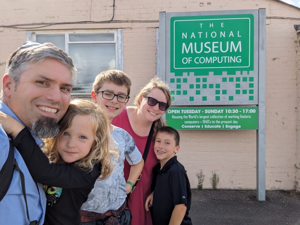 Family Selfie in front of the National Museum of Computing; Visiting Bletchley Park